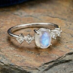 Moonstone‎ Minimalist Ring S925 Sterling Silver Genuine Gemstone & CZ Stones